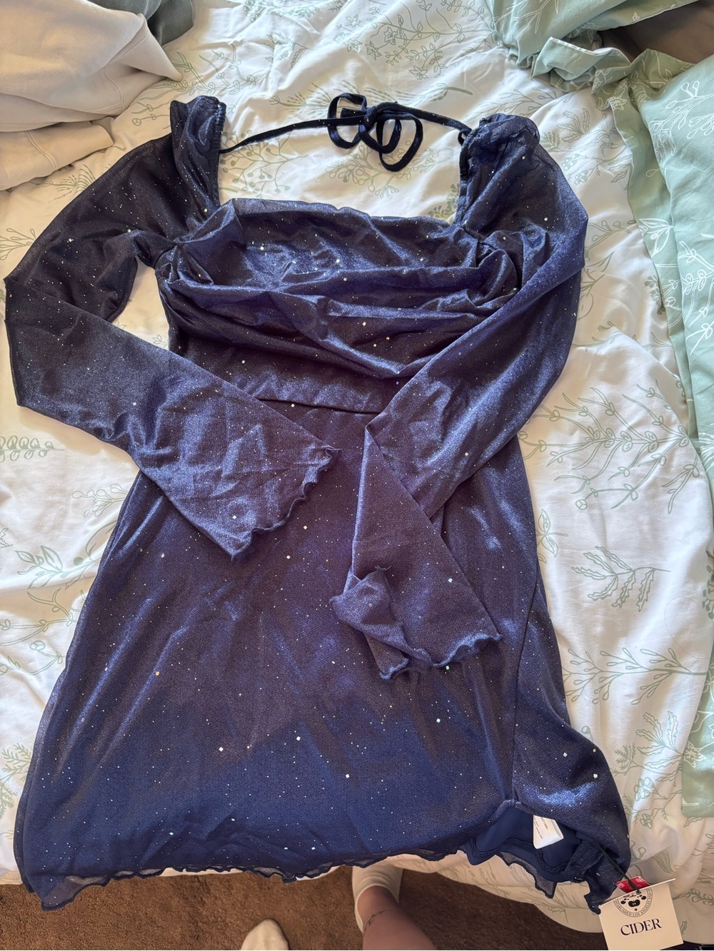 Cider Navy Glitter Long Sleeve Mini Dress
